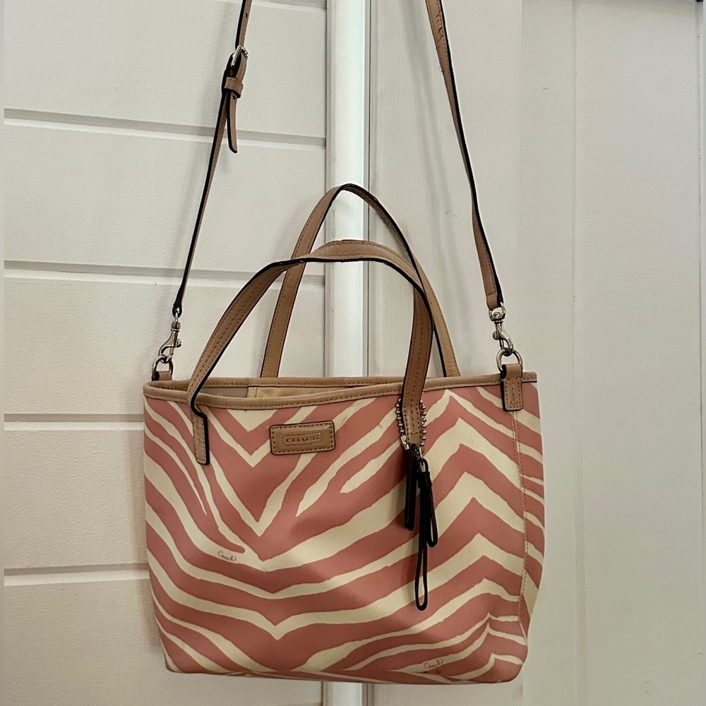 Coach Zebra Print Crossbody Tote Pink & Cream
